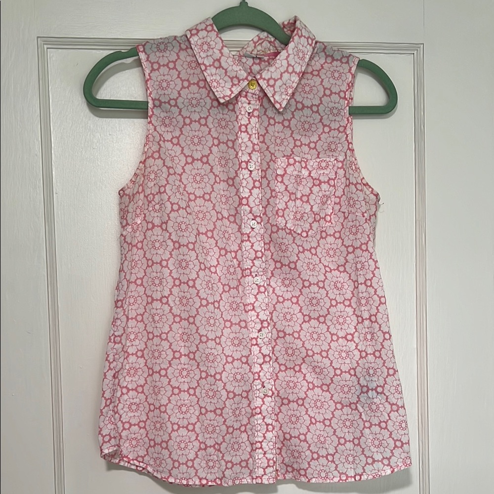 Boden- Floral Pink & White Sleeveless Cotton Button Down Shirt Pocket- Sz 8- EUC